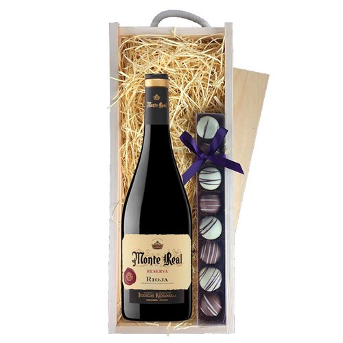 Monte Real Reserva 75cl Red Wine & Heart Truffles, Wooden Box
